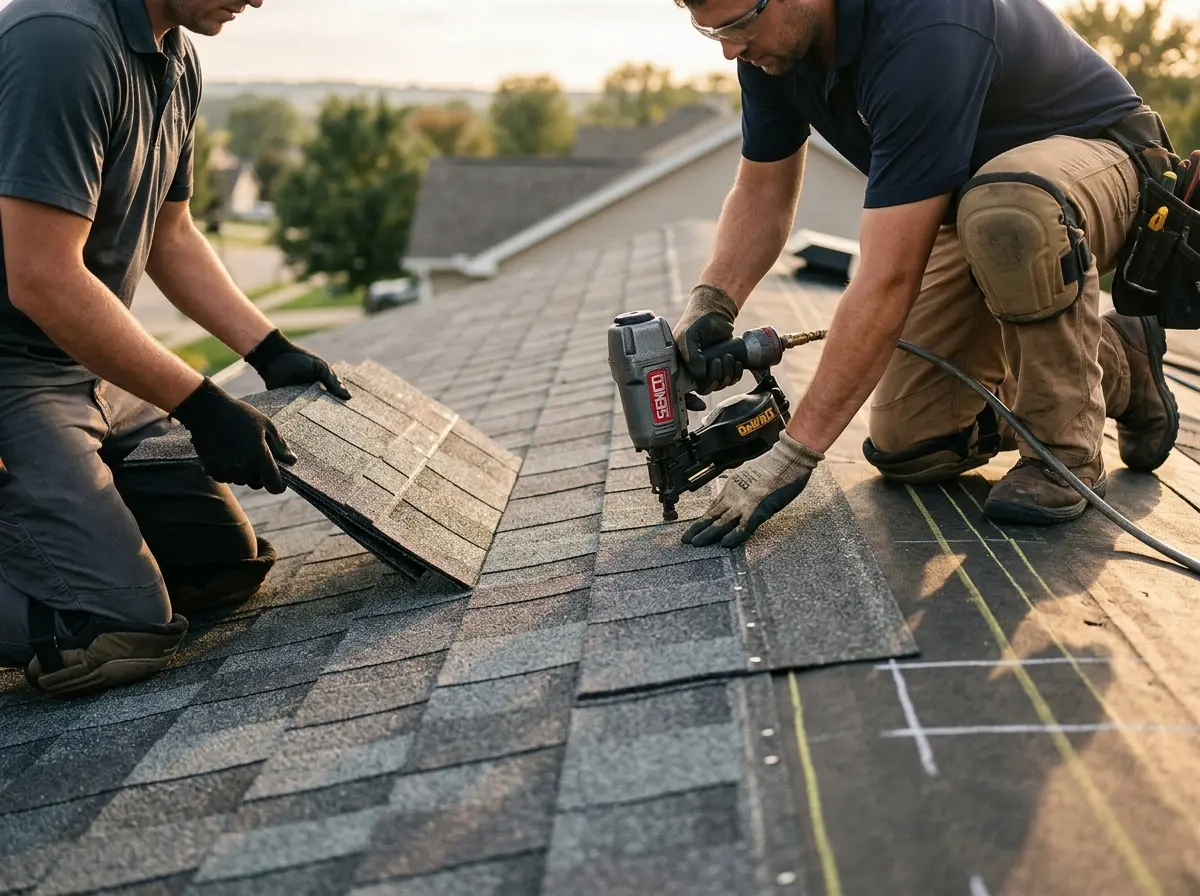 Professional roofer working on a residential roof in Waldwick